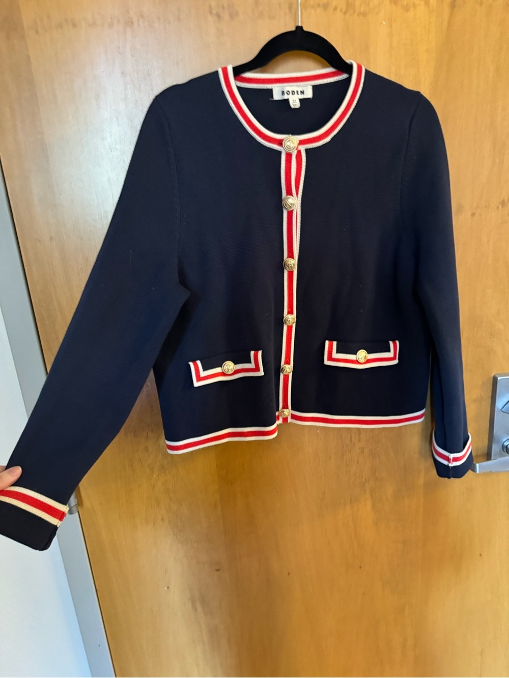 Boden Navy Knit Blazer with Red & White Trim